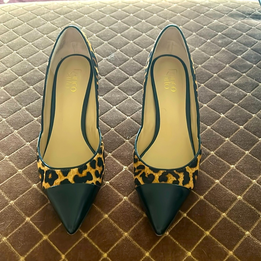 Franco Sarto horsehair look leopard print heels with black leather accents